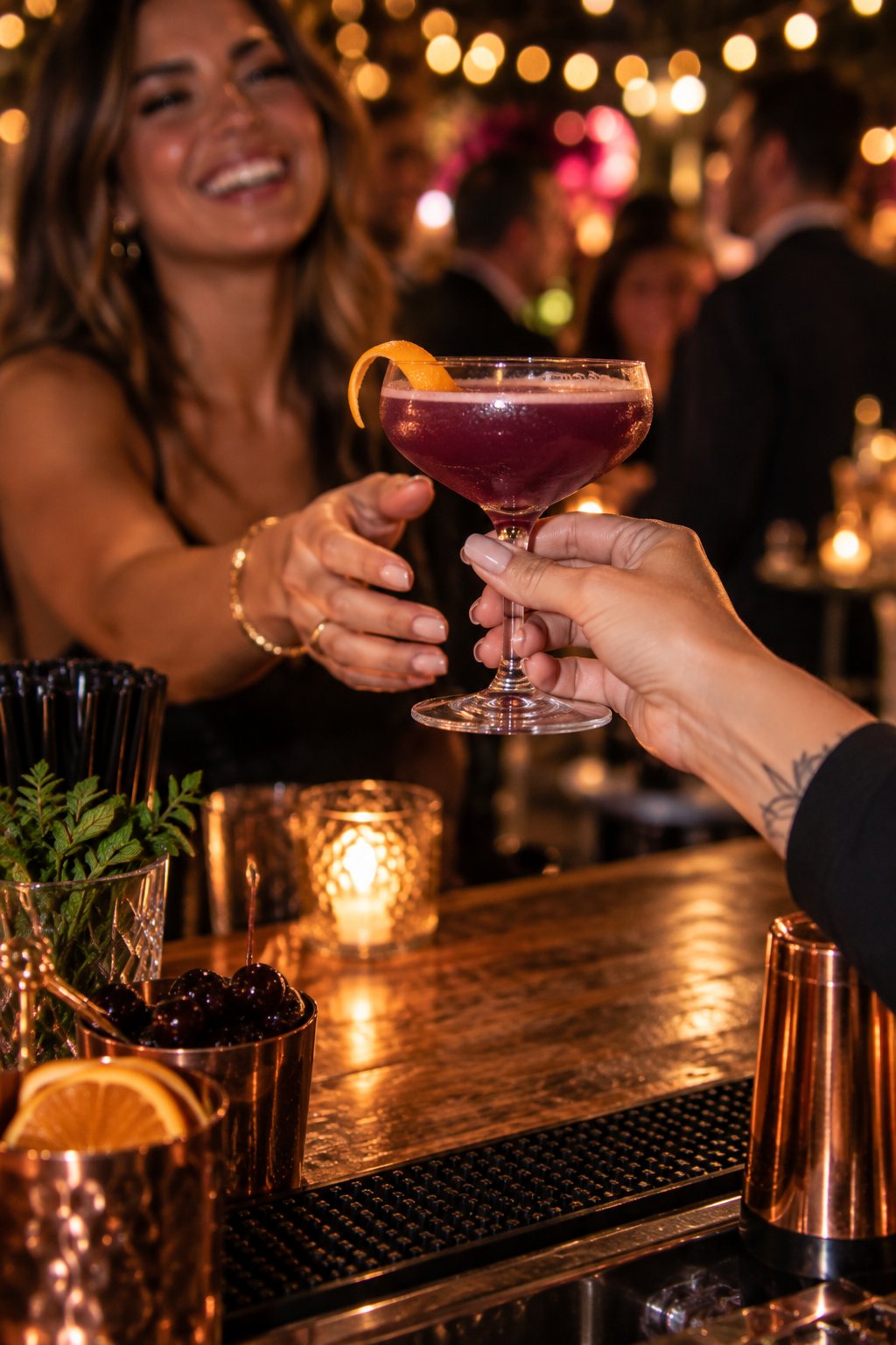 Bartender handing a cocktail across a portable bar to a smiling guest