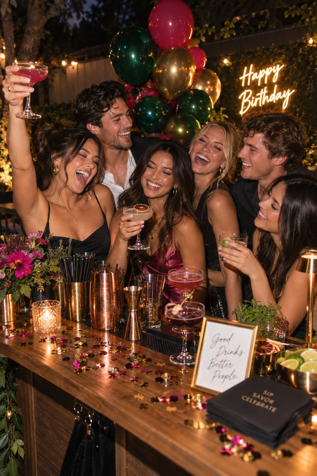 Friends celebrating around a mobile bar at a birthday party