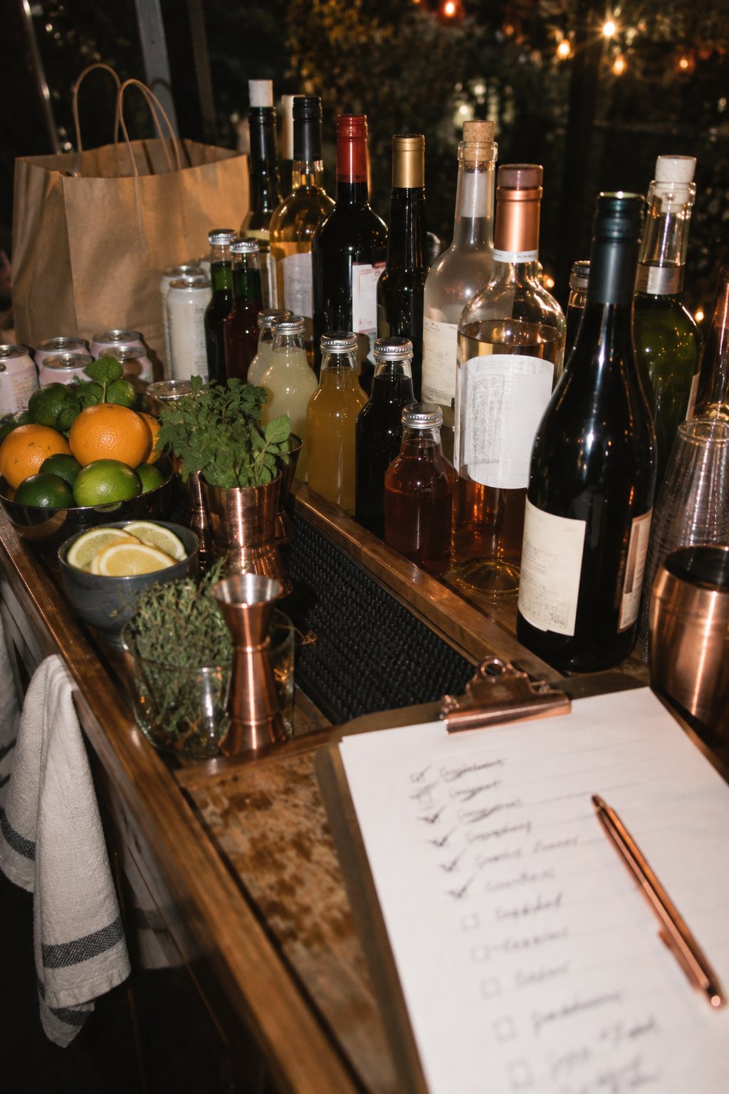 Client-bought liquor and wine on a mobile bar beside a BYOB alcohol shopping list