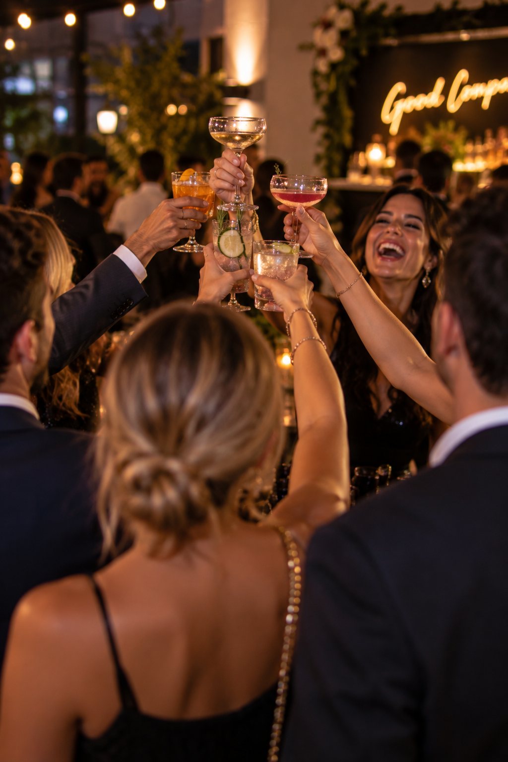 Friends raising their glasses in a toast at a night party
