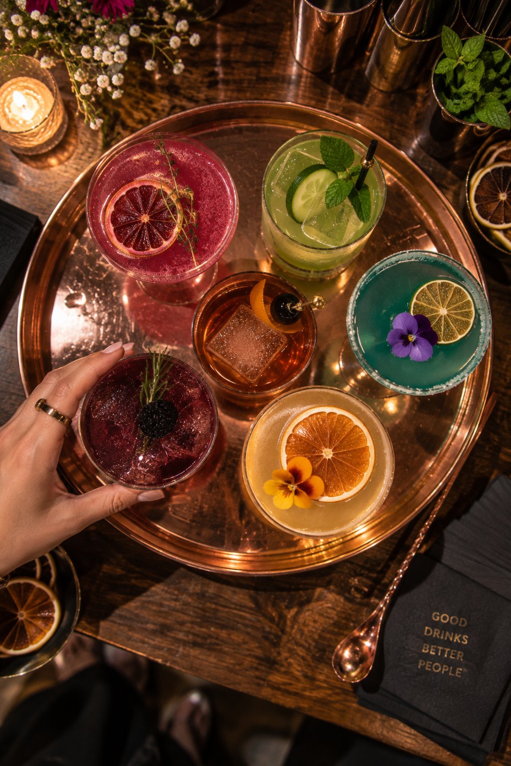 Signature cocktails with fresh garnishes on a copper tray